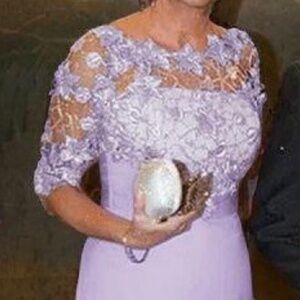 Formal dress, Lavender lace and chiffon, illusion neckline, elbow length sleeves